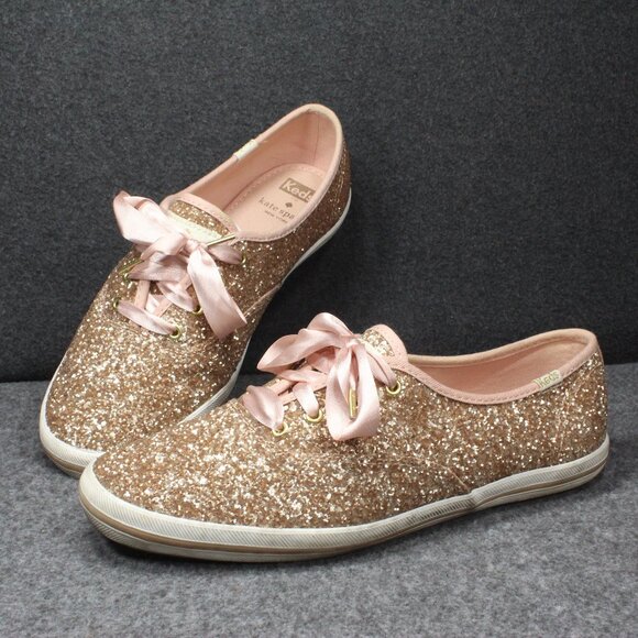Keds Kate Spade New York Glitter Sneaker Rose Gold Ribbon Womens Size 9 - Picture 1 of 12